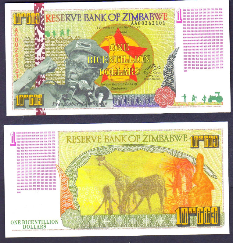 Zimbabwe 1 Bicentillion Dollars  Banknote African Freedom Fighter UNC