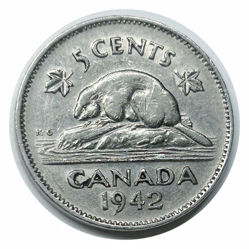 Pièce canadienne de 5 cents en nickel castor de 1942 (circulée) VF