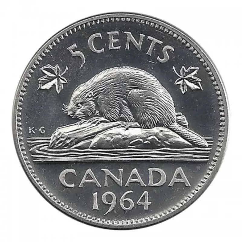 Pièce de 5 cents canadienne en nickel de 1964. Canada Five Cents Castor BU