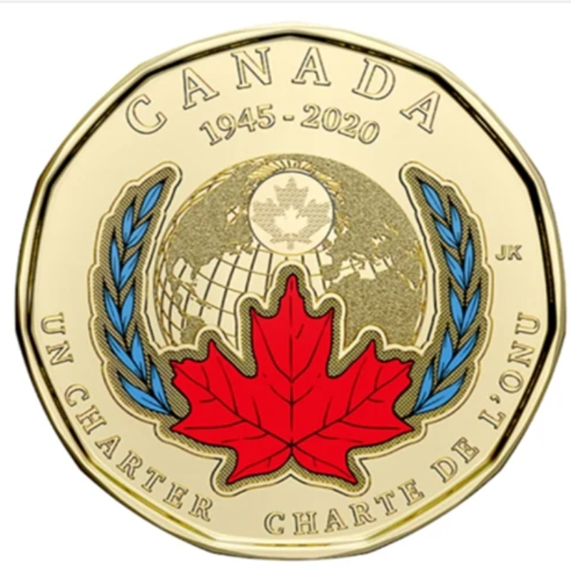 2020 Kanadische Unterzeichnung der Charta der Vereinten Nationen zum 75. Jahrestag, farbige Loonie-Dollar-Münze BU
