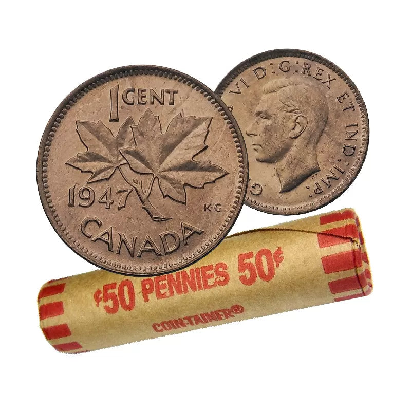 1947 Canadian 1-Cent Maple Leaf Twig Penny Coin Roll  Circulated(50 Coins)