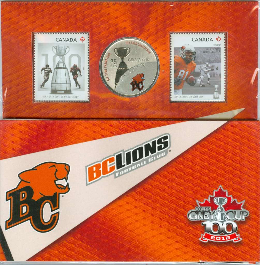 Canada Base Metal 2012 25 Cents Set British Columbia Lions - Football League Coin & Stamp SP