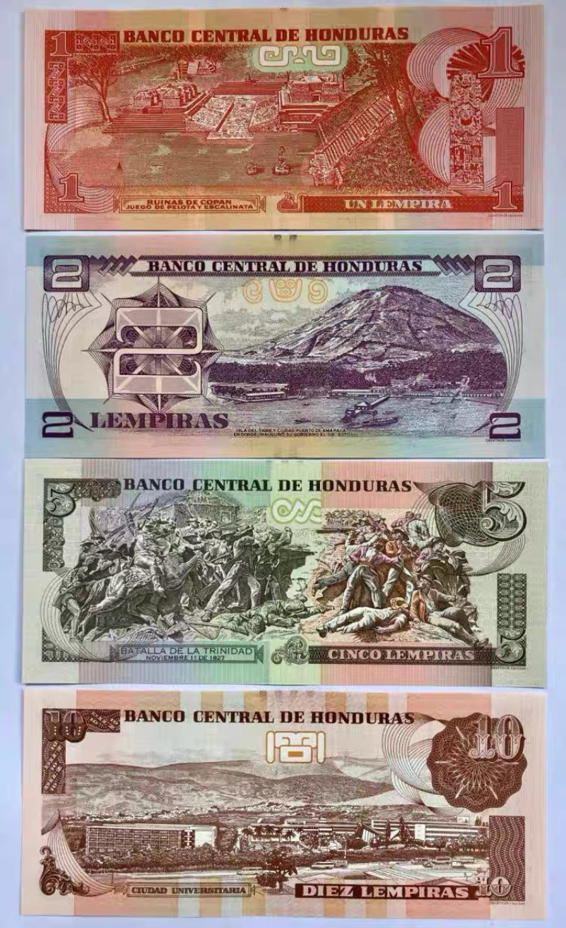 Honduras 1, 2, 5 & 10 Lempiras Banknote Set 4 PCS UNC Uncirculated Currency