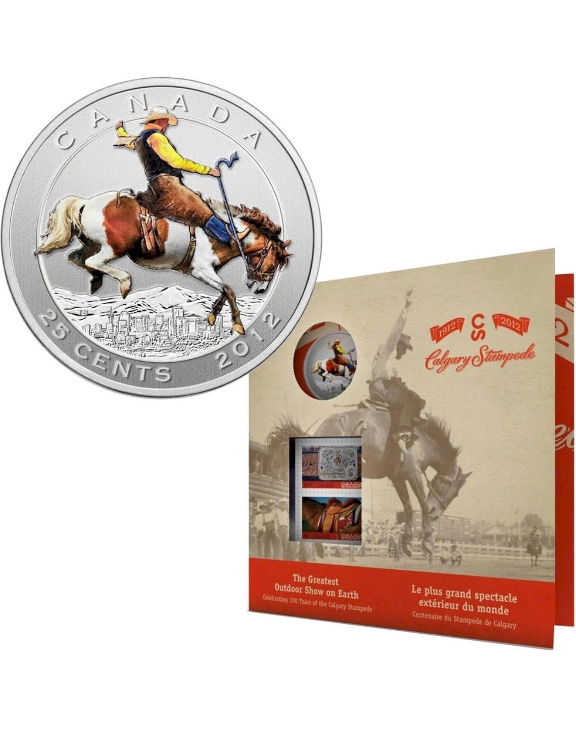 2012 CANADA 25 cent Calgary Stampede 100th Anniversary coloured quarter & stamps Set