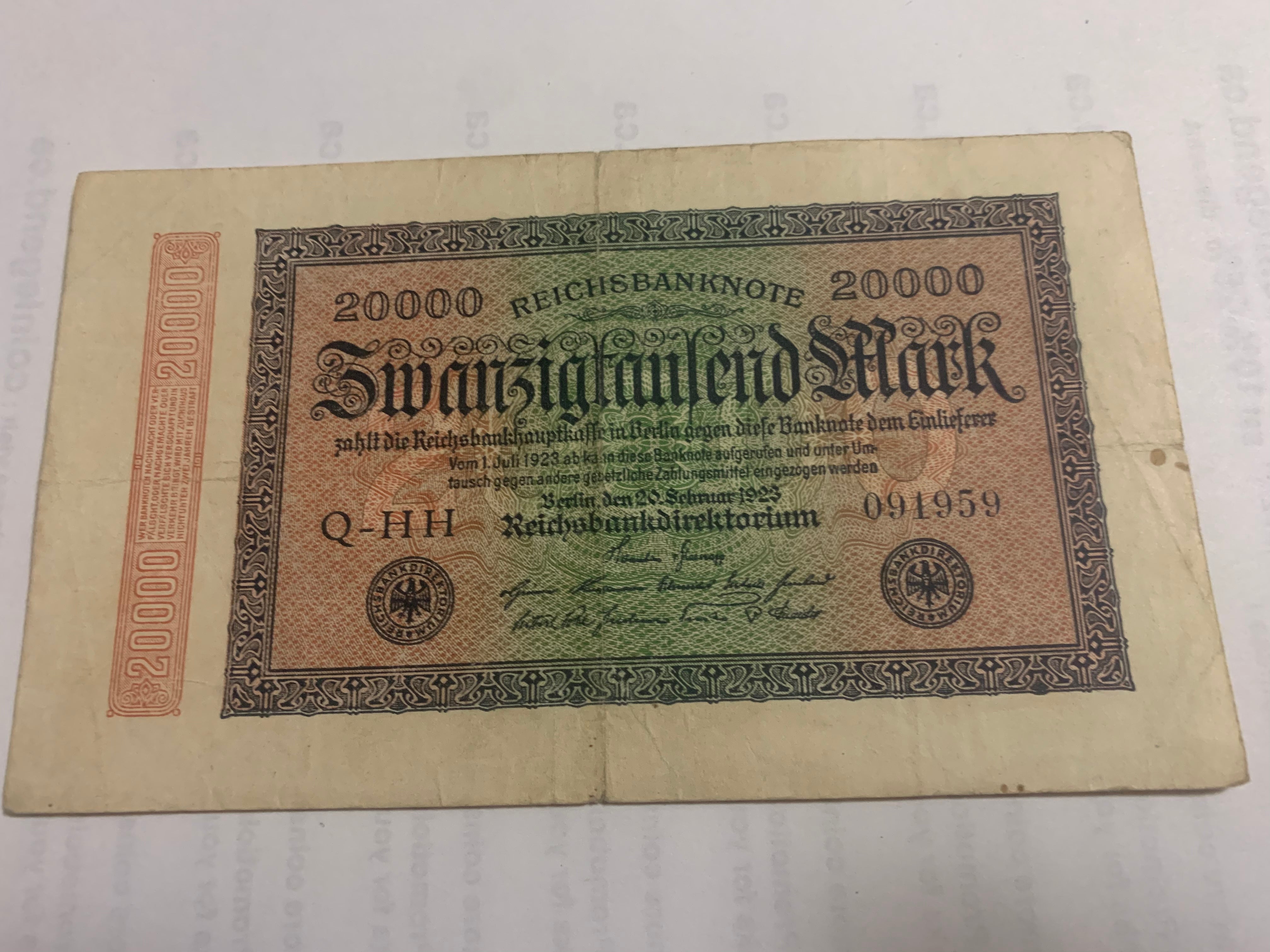 1923 Authentic Germany 20000 Mark  BERLIN Post WWI Hyperinflation Era