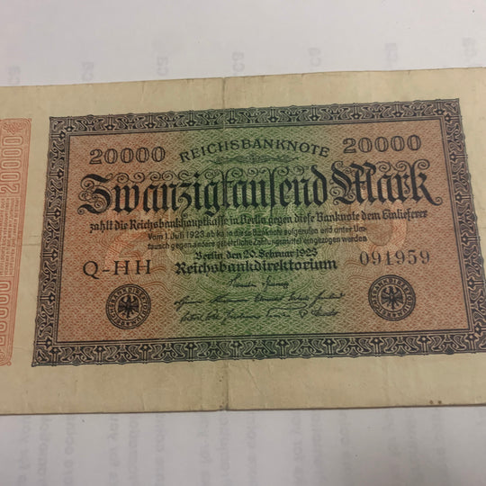 1923 Authentic Germany 20000 Mark  BERLIN Post WWI Hyperinflation Era