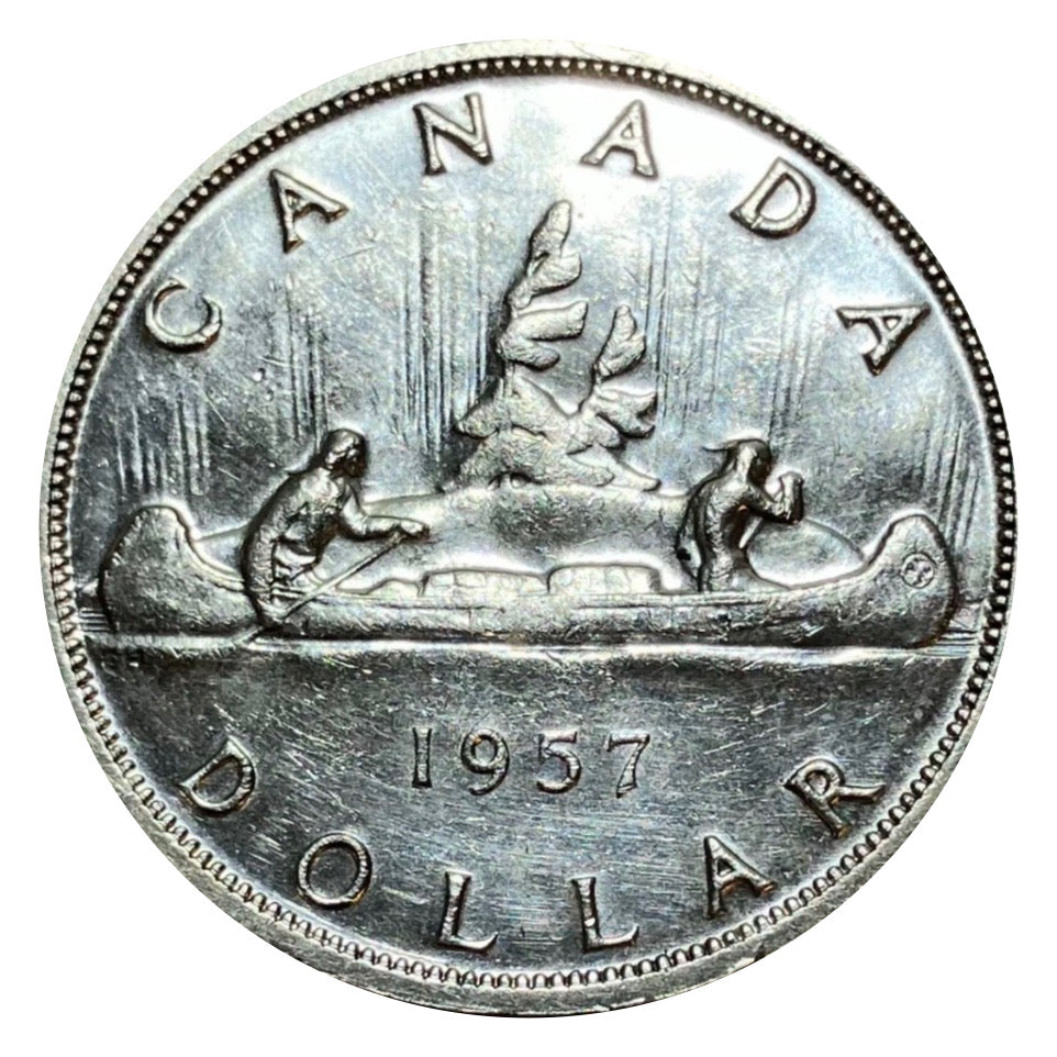 1957 Canadian Silver Dollar Coin with one Waterline AU