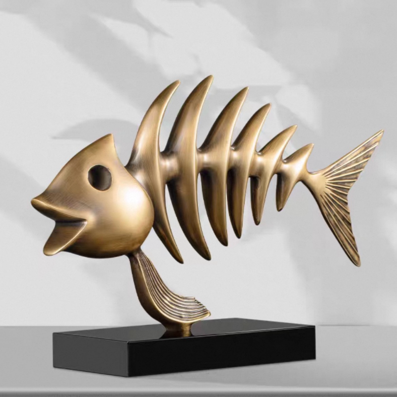 Modern Brass Fish Skeleton Sculpture – Luxury Abstract Coastal Home Decor Statue
