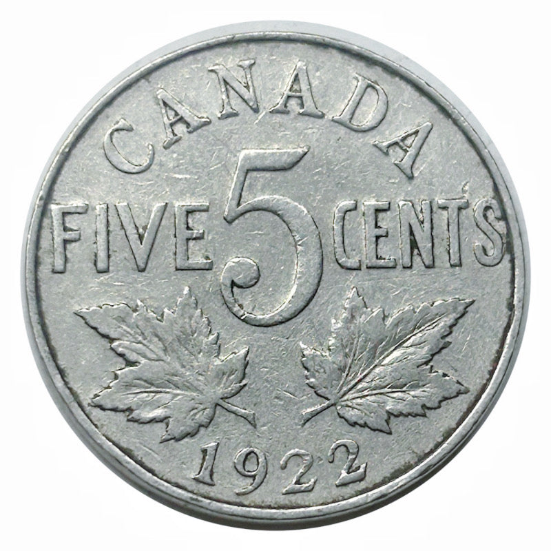 Pièce canadienne de 5 cents en nickel castor de 1922 VF