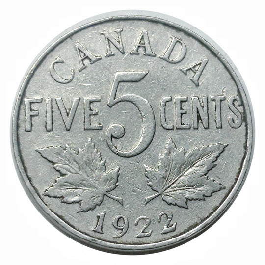 Pièce canadienne de 5 cents en nickel castor de 1922 VF