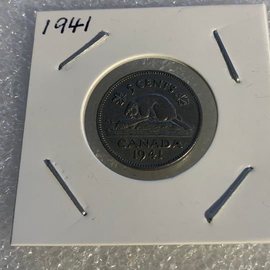 1941 Canadian 5-Cent Beaver Nickel Coin VF