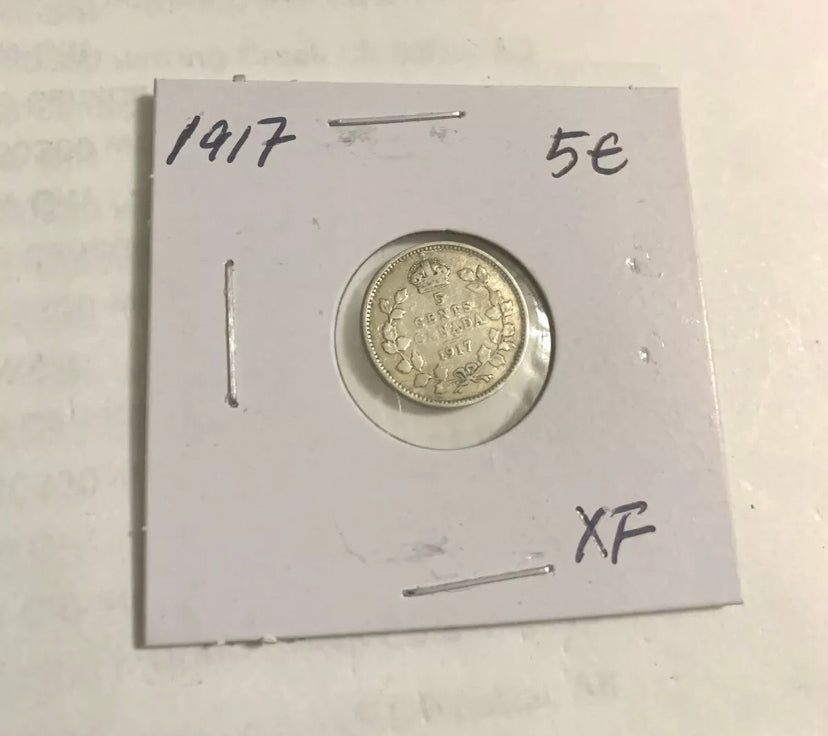 1917 Canada Silver Small 5 Cent Coin XF