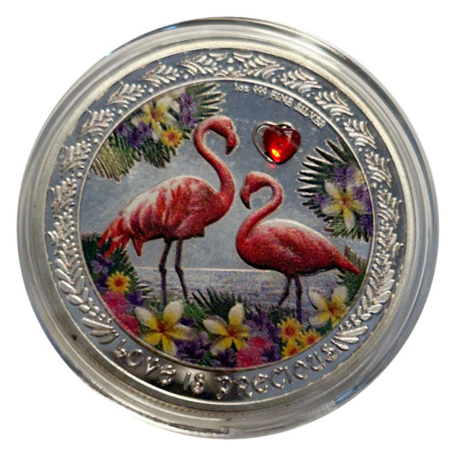 Pièce porte-bonheur - Flamingo Love - Pièce cadeau artisanale colorée dans une capsule de protection en plastique plaqué argent