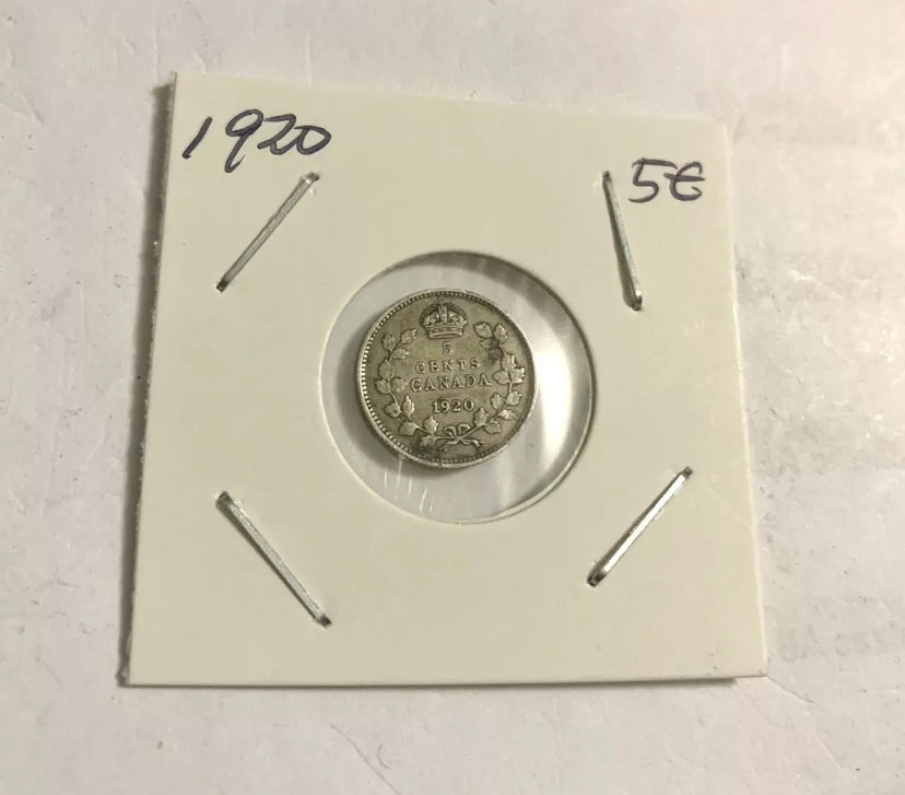 1920 Canada Silver Small 5 Cent Coin VF