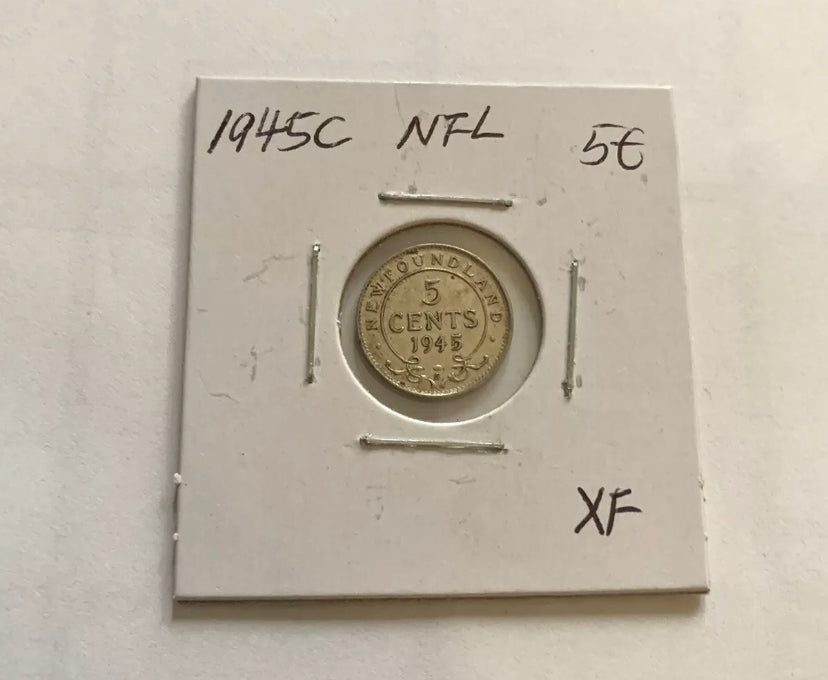 1945 C Newfoundland 5 Cent  Silver Coin XF