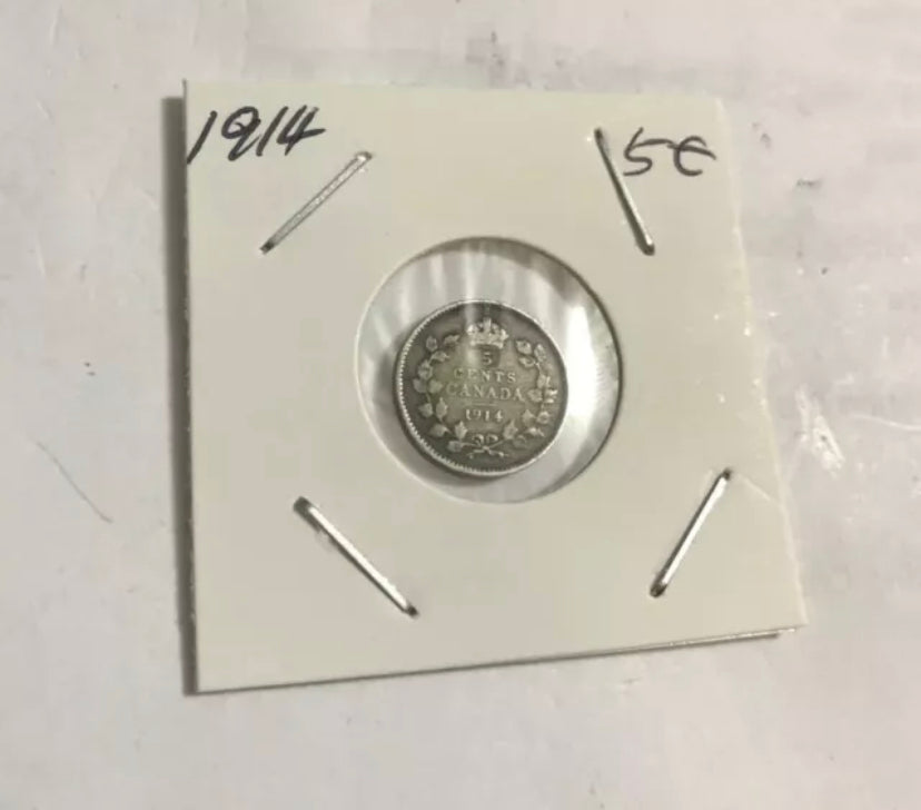1914 Canada Silver Small 5 Cent Coin VF