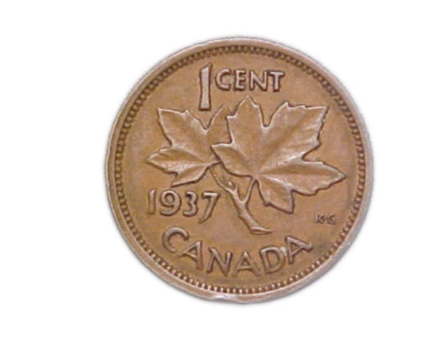 1 Cent kanadischer Penny von 1937 im Umlauf, sehr guter Zustand