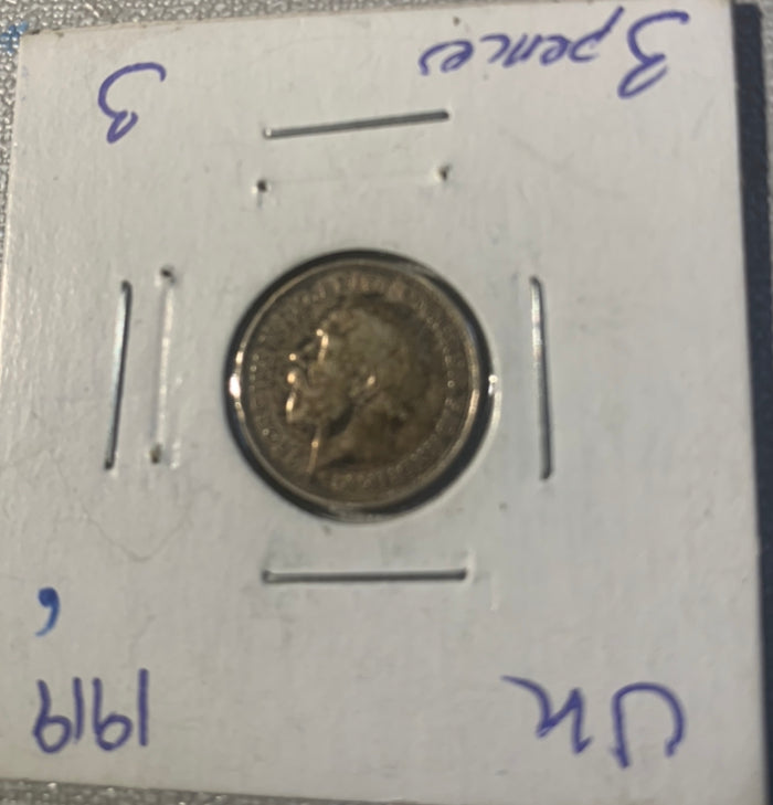 1919 UK Great Britain Three Pence Silver Coin