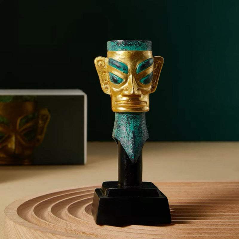 Ancient Guardians Set | Golden Mask & Bronze Totem Sculptures | Unique Collectible Decor
