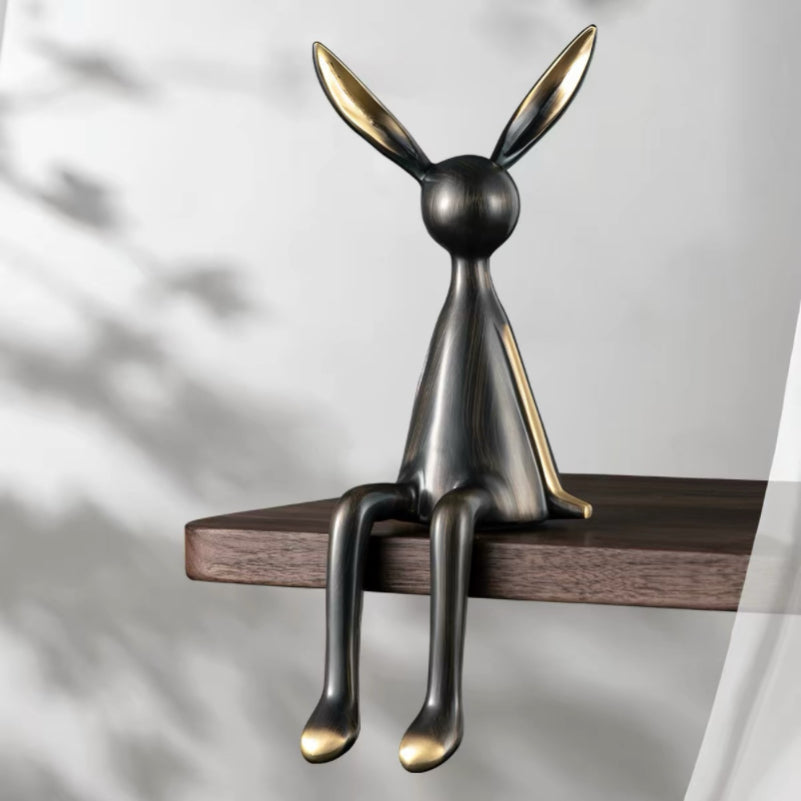 Luxury Brass Rabbit Shelf Decor Set – Modern Nordic Sitting Bunny Figurines for Living Room Office & Entryway