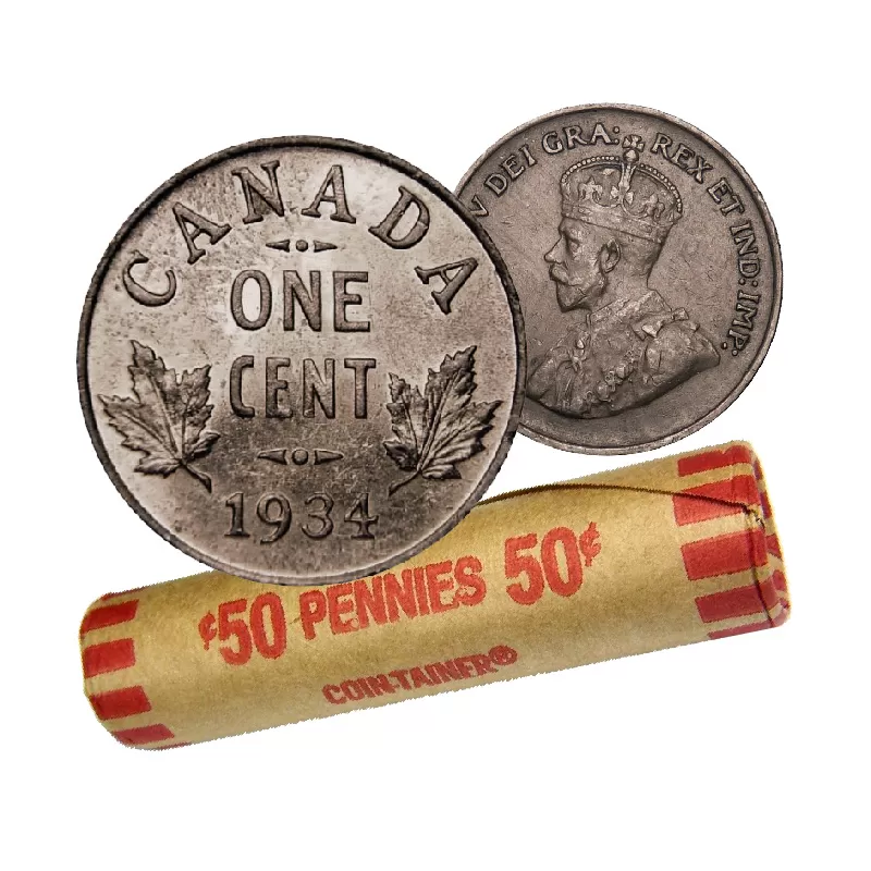 1934 Canadian 1-Cent Small Penny Coin Roll VG (50 Coins)