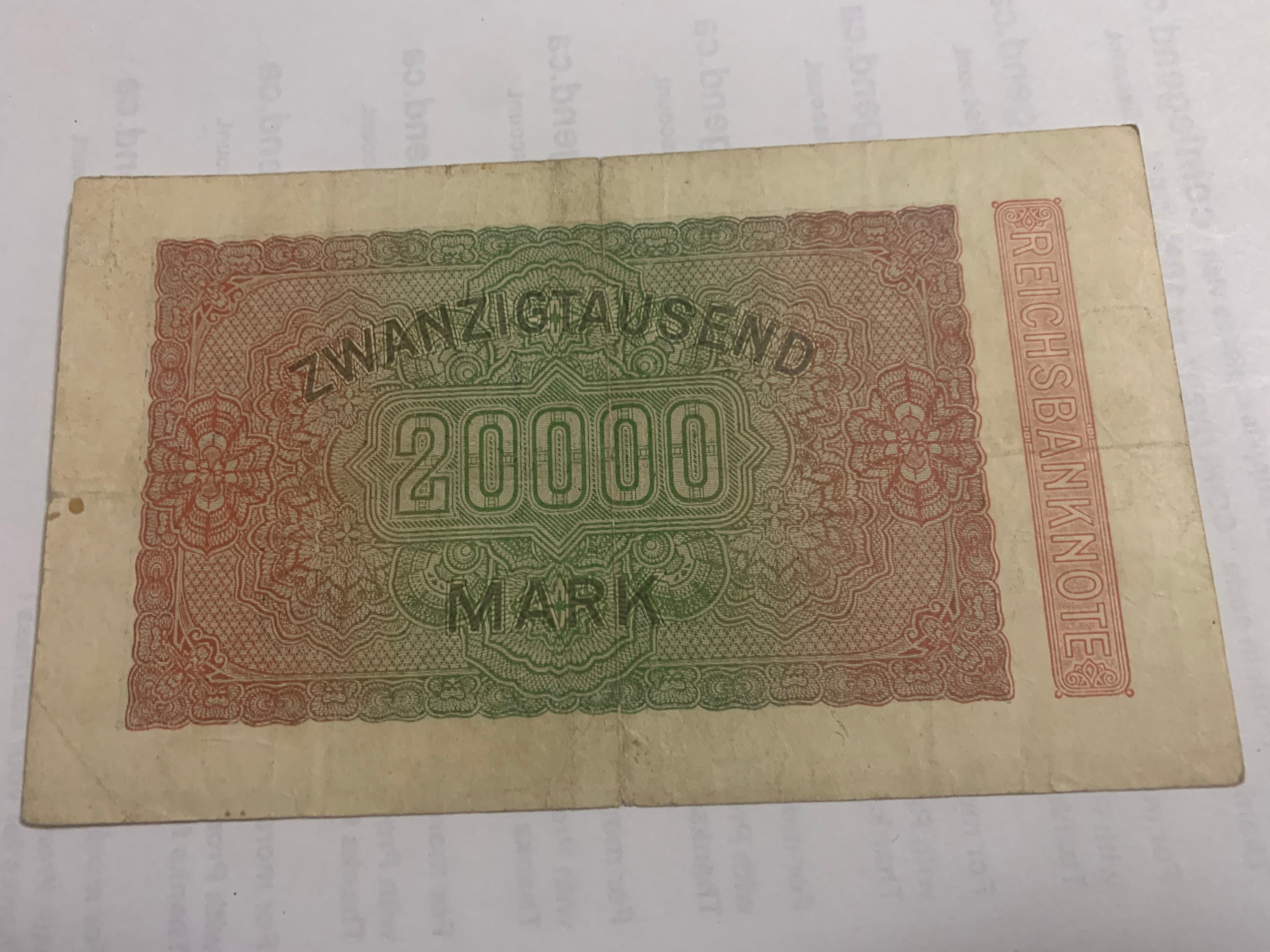 1923 Authentic Germany 20000 Mark  BERLIN Post WWI Hyperinflation Era
