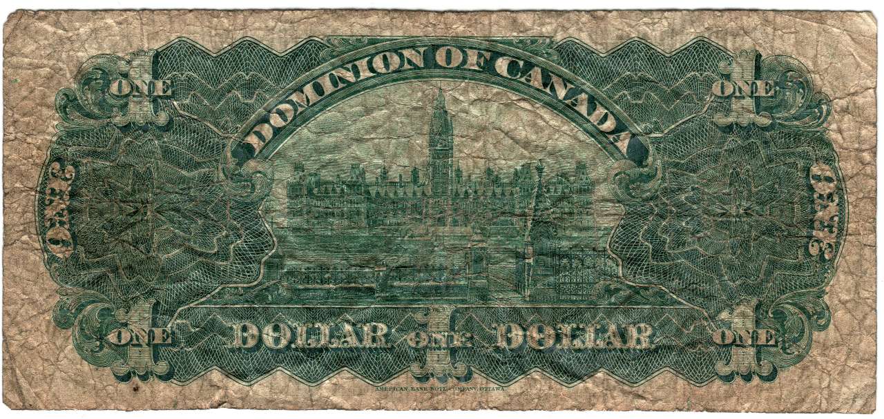 1911  Canada $1 One Dollar Banknote  Series U Black Line with Hyphen F