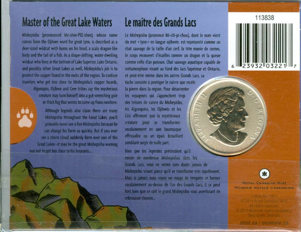 2011 Canada 25 Cents Mishepishu Canadian Mythical Creatures Coloured Coin