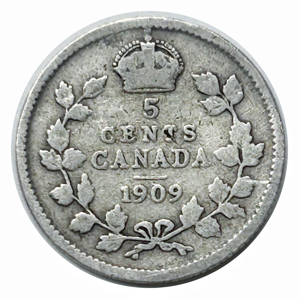 1909 Canadian Silver 5 Cents Edward VII Round Leaf Plain Cross  Coin VG