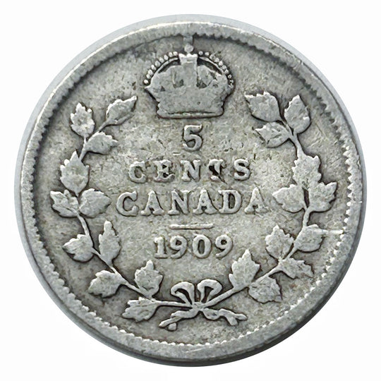 1909 Canadian Silver 5 Cents Edward VII Round Leaf Plain Cross  Coin VG