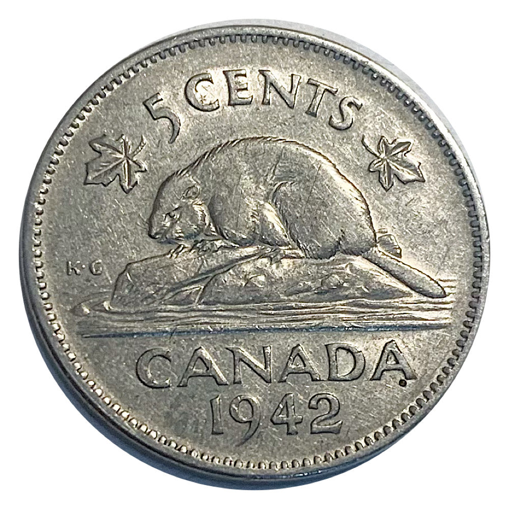 Pièce canadienne de 5 cents en nickel castor de 1942 (circulée) VF
