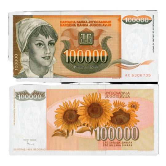 1993 Yugoslavia 100000 Dinara Hyperinflation Note Sunflowers Design VG