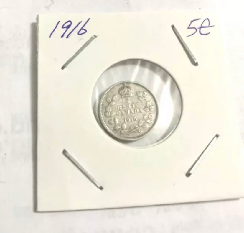 1916 Canada Silver Small 5 Cent Coin VF