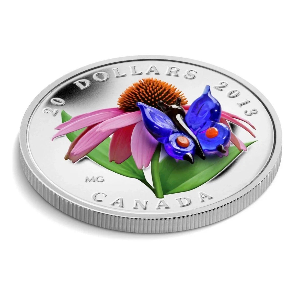 2013 Canada Silver  $20 Purple Coneflower and Blue Butterfly - Garden Flora and Fauna 1oz