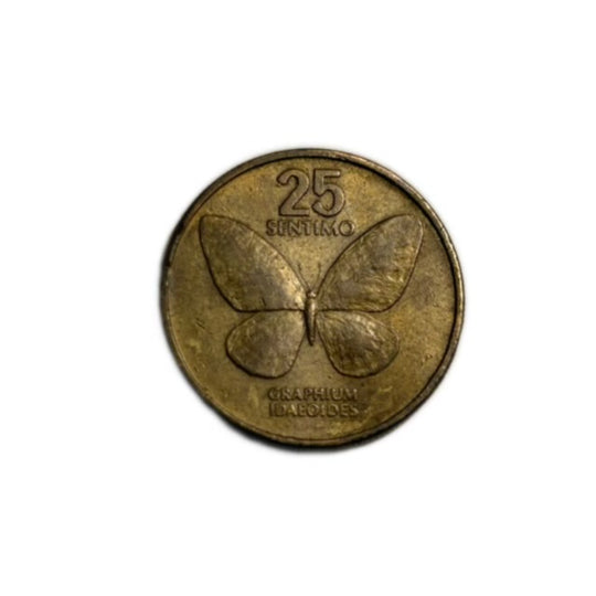1984 Philippines 25 Sentimo Quarter Dollar coin. Butterfly.