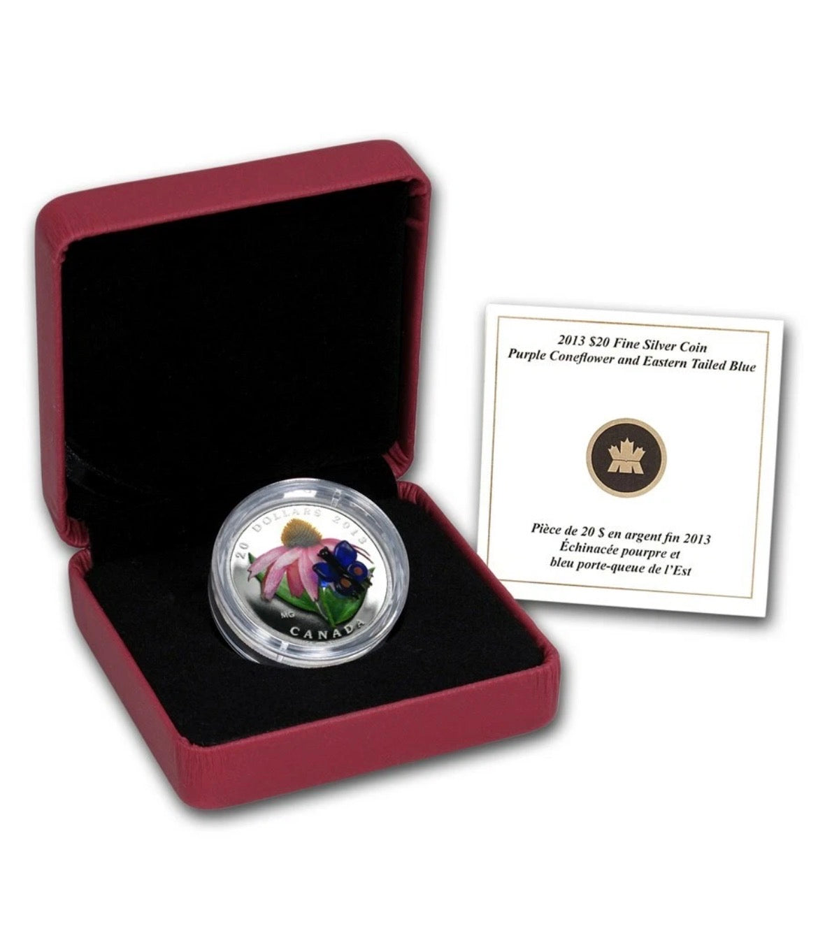 2013 Canada Silver  $20 Purple Coneflower and Blue Butterfly - Garden Flora and Fauna 1oz