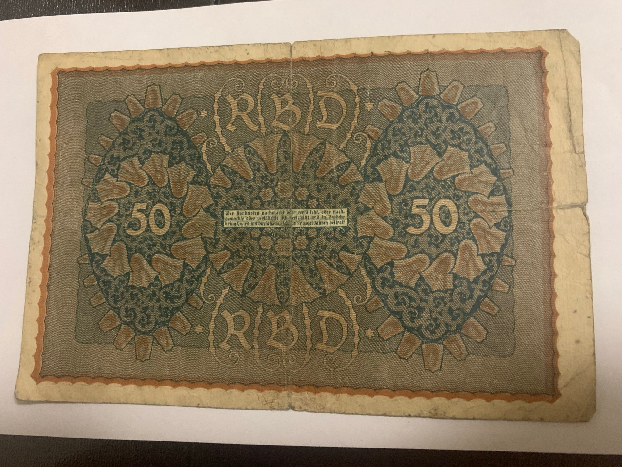 1919 GERMAN 50 MARK BANKNOTE-VERY GOOD