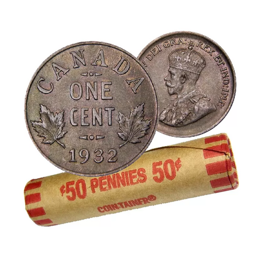 1932 Canadian 1-Cent Small Penny Coin Roll VG (50 Coins)