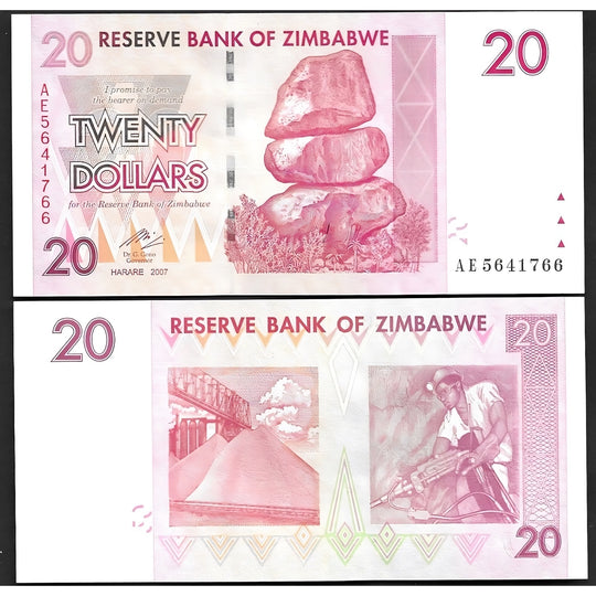 2007 Zimbabwe 20 Dollars Banknote Balancing Rock XF