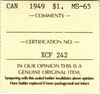 1949 Bank Of Canada Silver $1 Dollar UNC MS 65