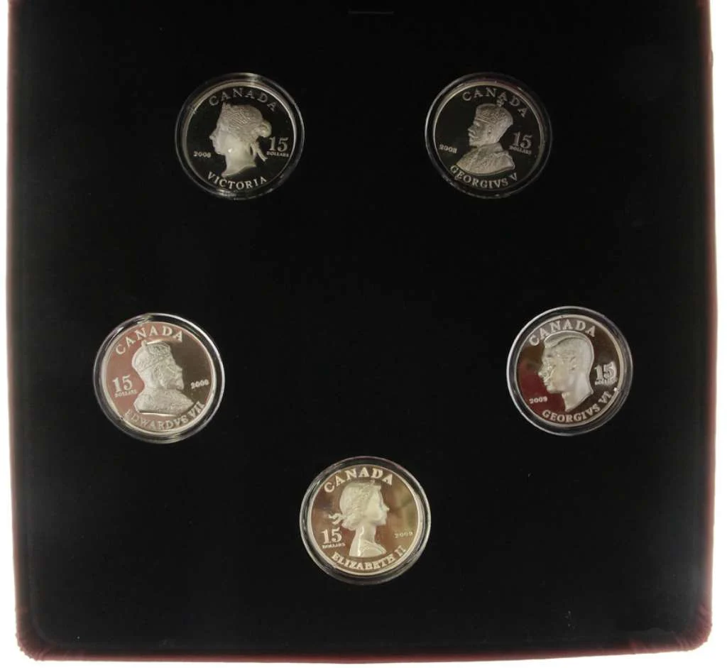 2008 Canada Silver  $15 Set Vignettes of Royalty, 5-coins 3oz, .925 W/ Free bronze medallion