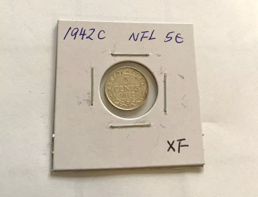 1942 C Newfoundland 5 Cent  Silver Coin XF