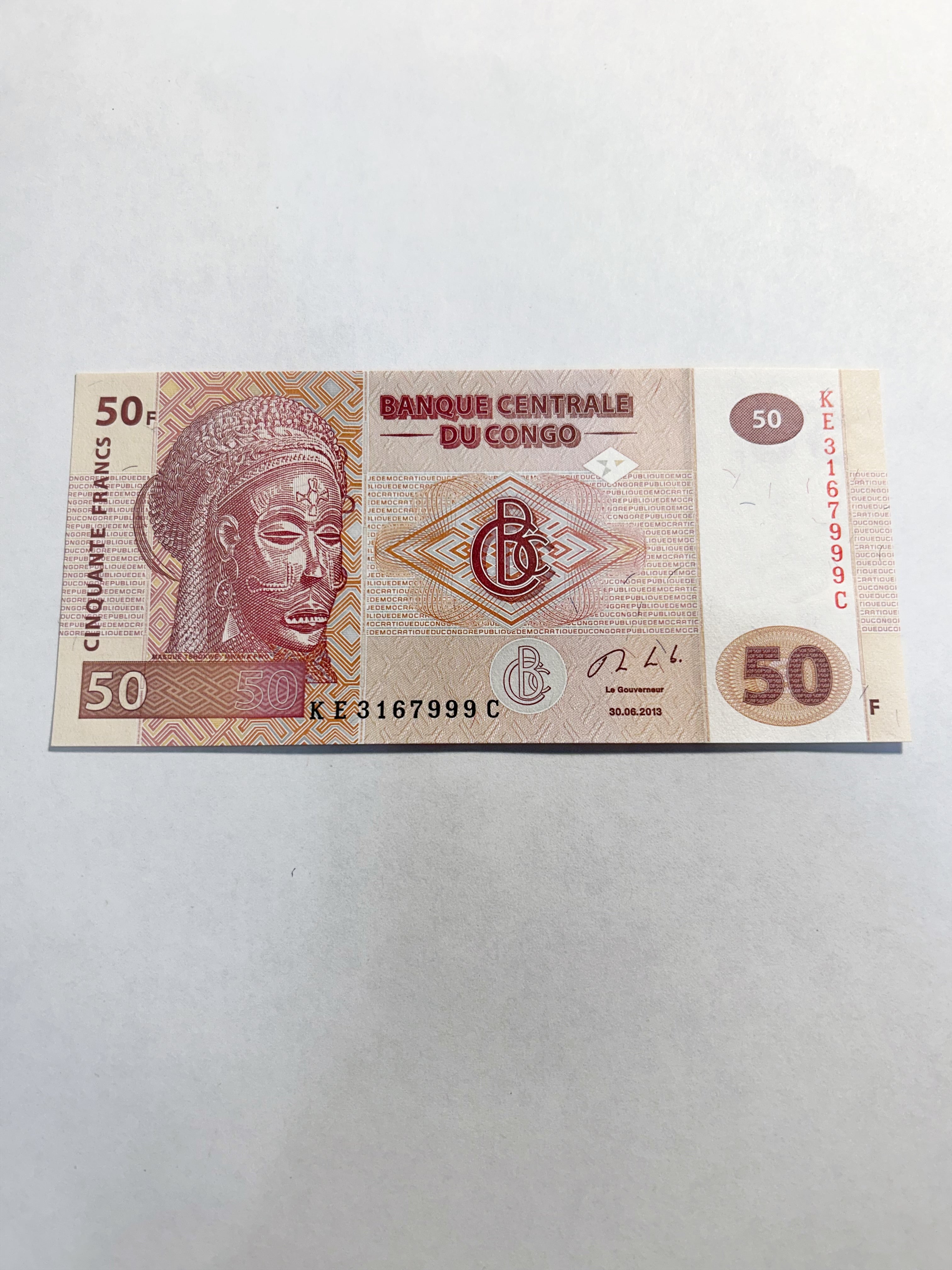 Congo 50 Francs 2013 Fancy Triple 999 Serial KE3167999 UNC
