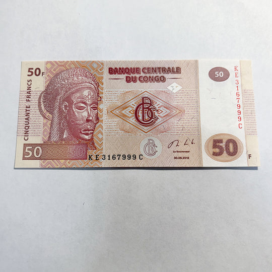 Congo 50 Francs 2013 Fancy Triple 999 Serial KE3167999 UNC