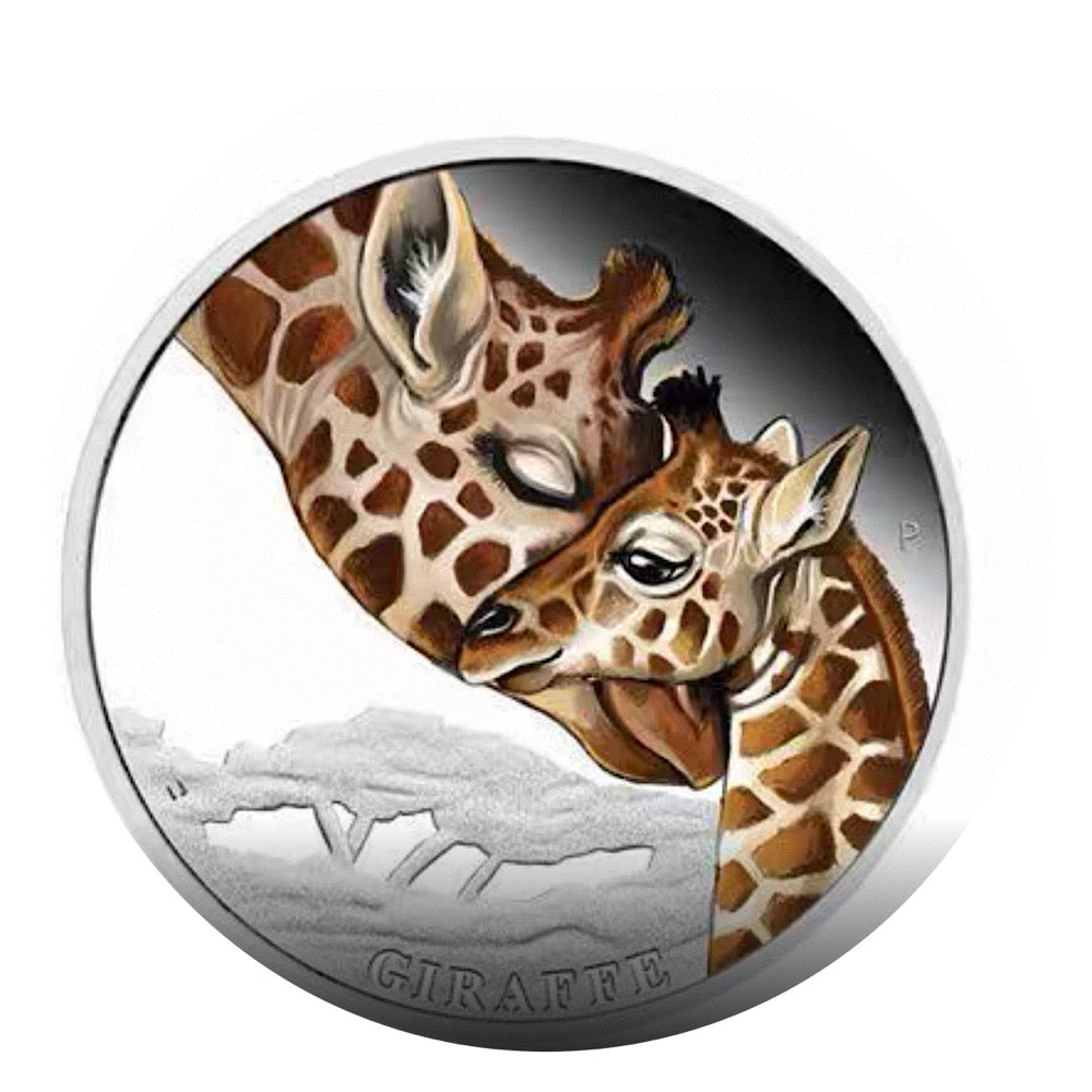 Pièce porte-bonheur - Girafe bébé et maman - Pièce cadeau artisanale colorée dans une capsule de protection en plastique plaqué argent