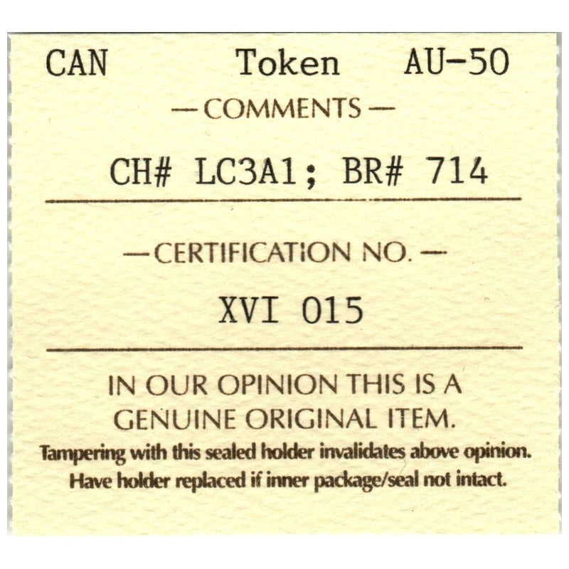 1836 Lower Canada Trade Token CH LC3A1 Breton 714 ICCS AU50 Colonial Token