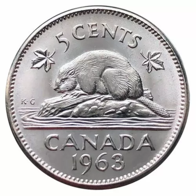 Pièce de 5 cents en nickel canadien de 1963. Canada Five Cents Castor BU