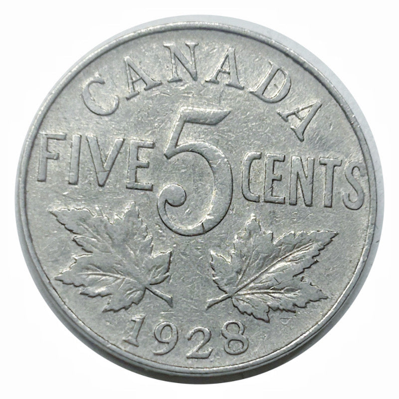Pièce canadienne de 5 cents en nickel castor de 1928 VF