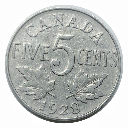 Pièce canadienne de 5 cents en nickel castor de 1928 VF