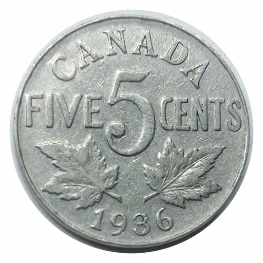 Pièce canadienne de 5 cents en nickel castor de 1936 (circulée) VG